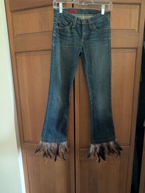 Ag Adriano Goldschmied Dark Blue Denim Flare Jeans with Feather Trim